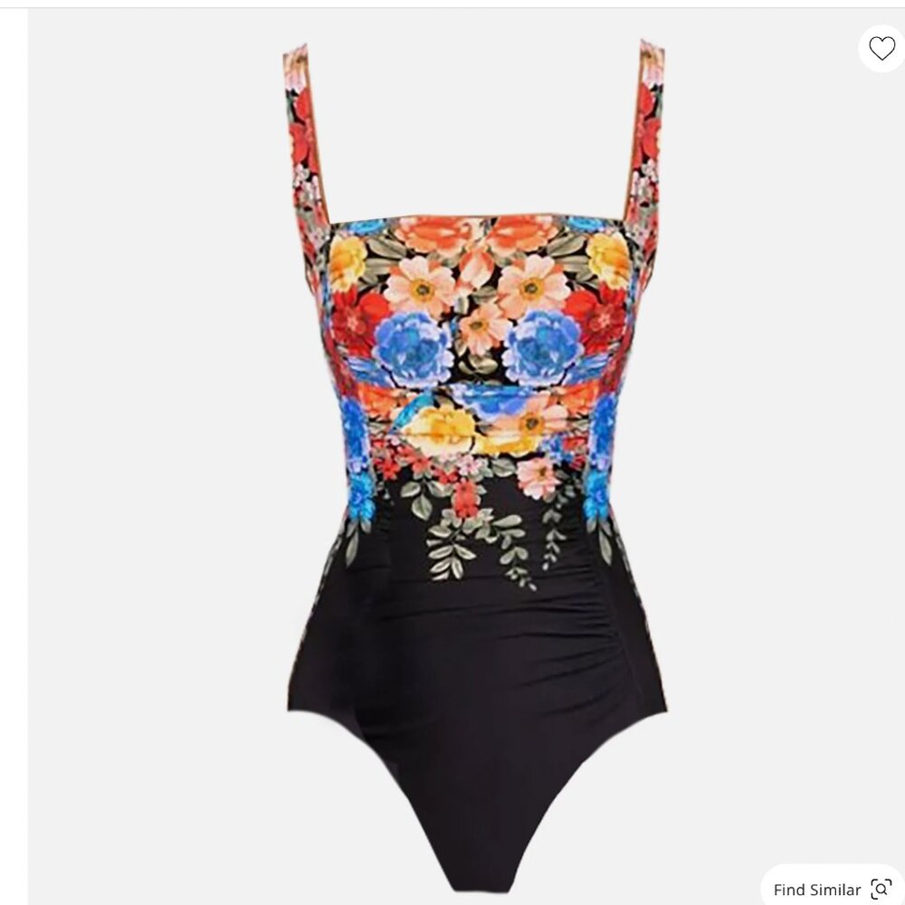 Johnny Was Black Royal Ruched One Piece Floral Swimsuit Sz XS